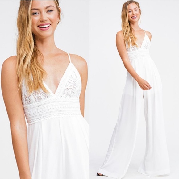 Pants - Gorgeous White Lace Top Jumpsuit / Pantsuit